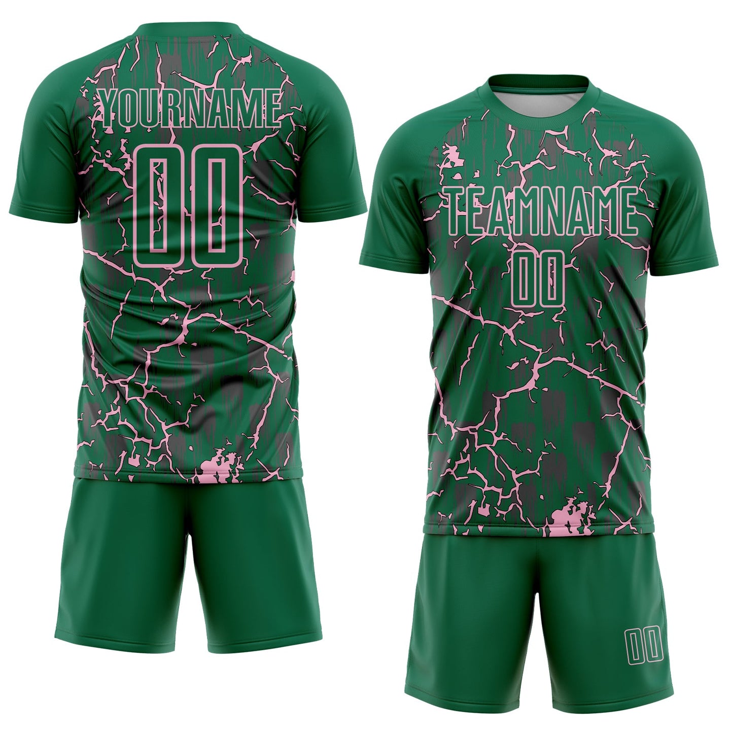 Custom Kelly Green Light Pink Lightning Sublimation Soccer Uniform Jersey view 2