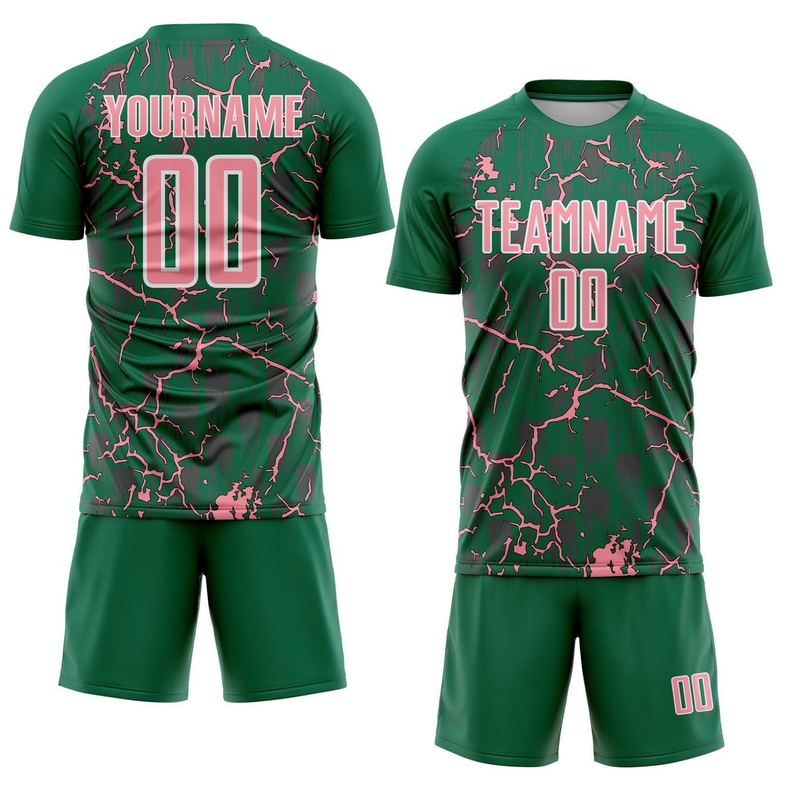 Custom Kelly Green Medium Pink-White Lightning Sublimation Soccer Uniform Jersey view 2