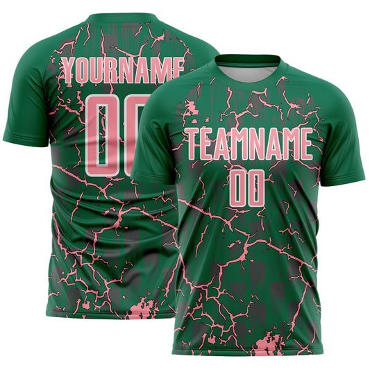 Custom Kelly Green Medium Pink-White Lightning Sublimation Soccer Uniform Jersey - Main View
