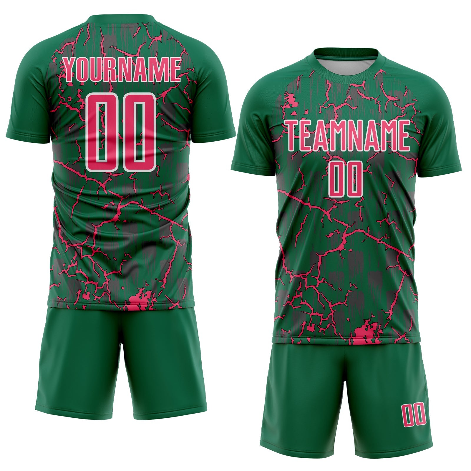 Custom Kelly Green Neon Pink-White Lightning Sublimation Soccer Uniform Jersey view 2