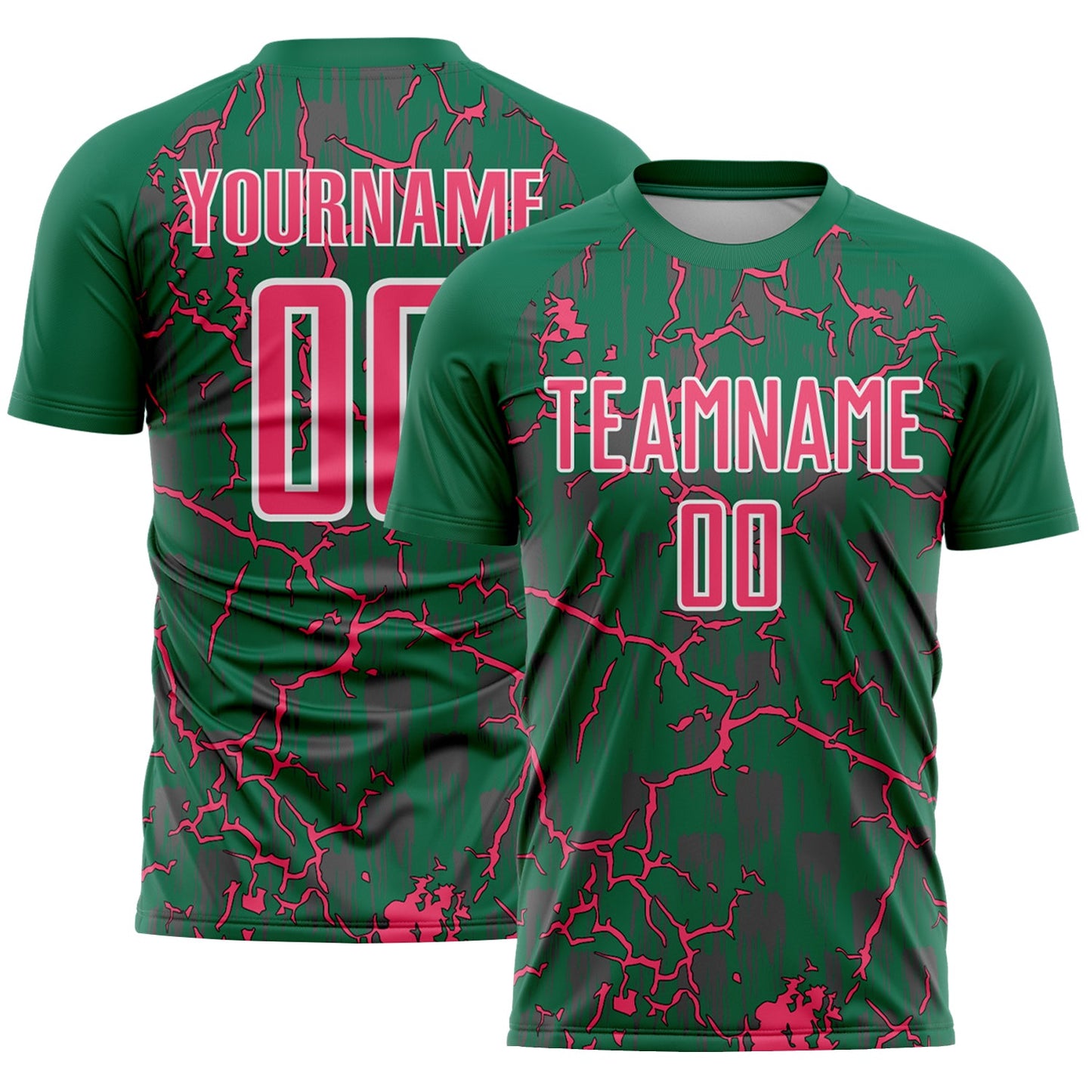 Custom Kelly Green Neon Pink-White Lightning Sublimation Soccer Uniform Jersey - Main View