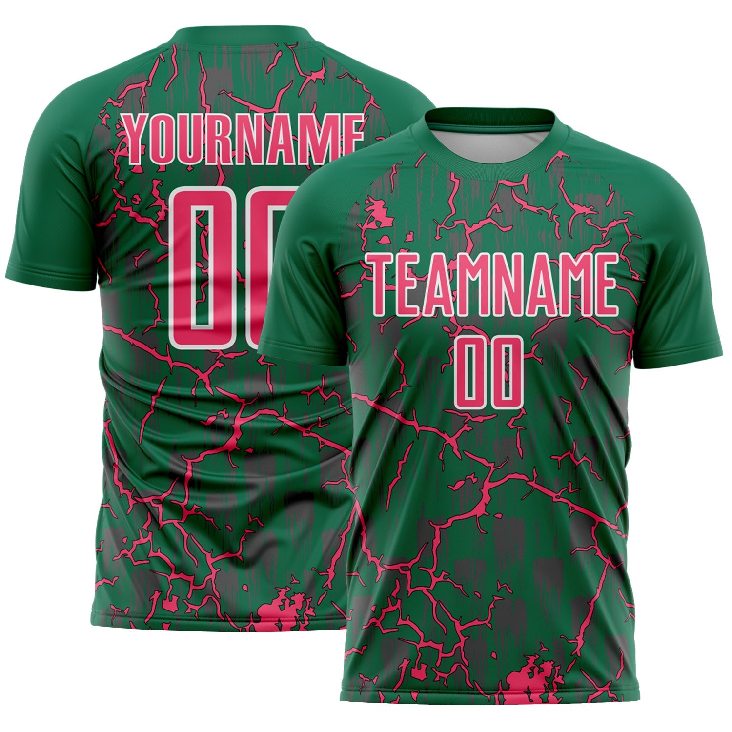 Custom Kelly Green Neon Pink-White Lightning Sublimation Soccer Uniform Jersey - Main View