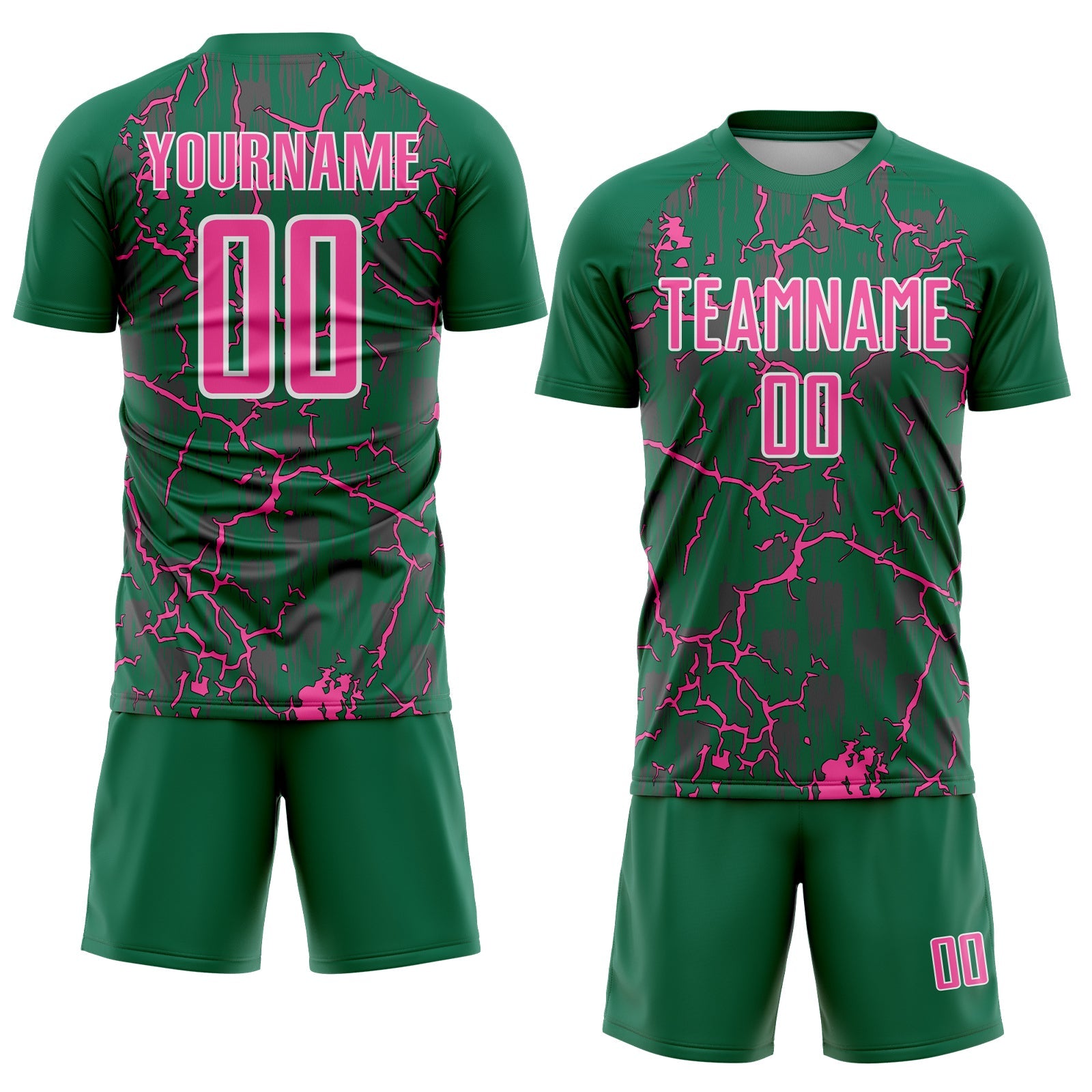 Custom Kelly Green Pink-White Lightning Sublimation Soccer Uniform Jersey view 2