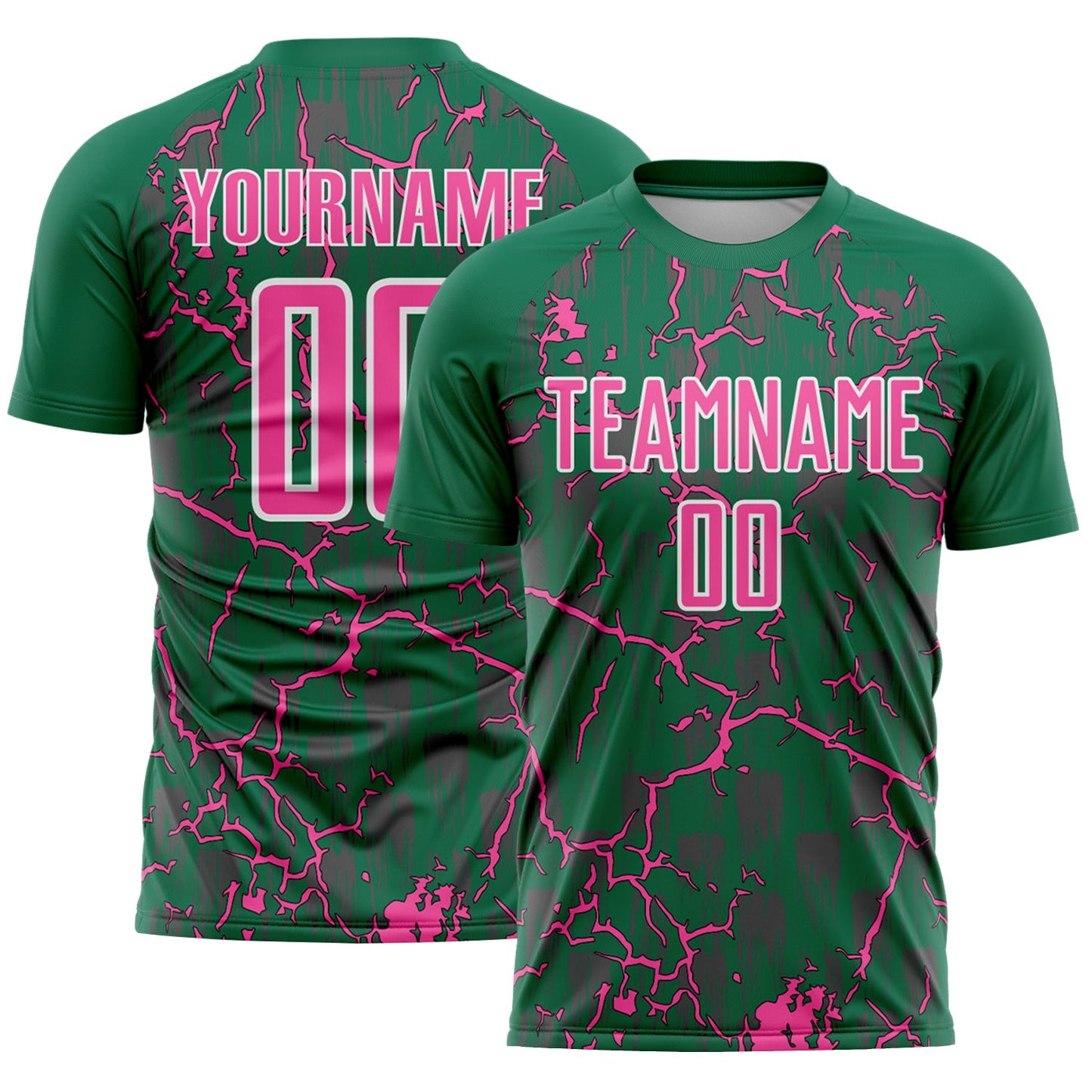 Custom Kelly Green Pink-White Lightning Sublimation Soccer Uniform Jersey - Main View
