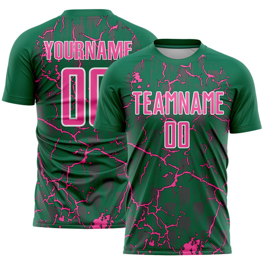 Custom Kelly Green Pink-White Lightning Sublimation Soccer Uniform Jersey - Main View