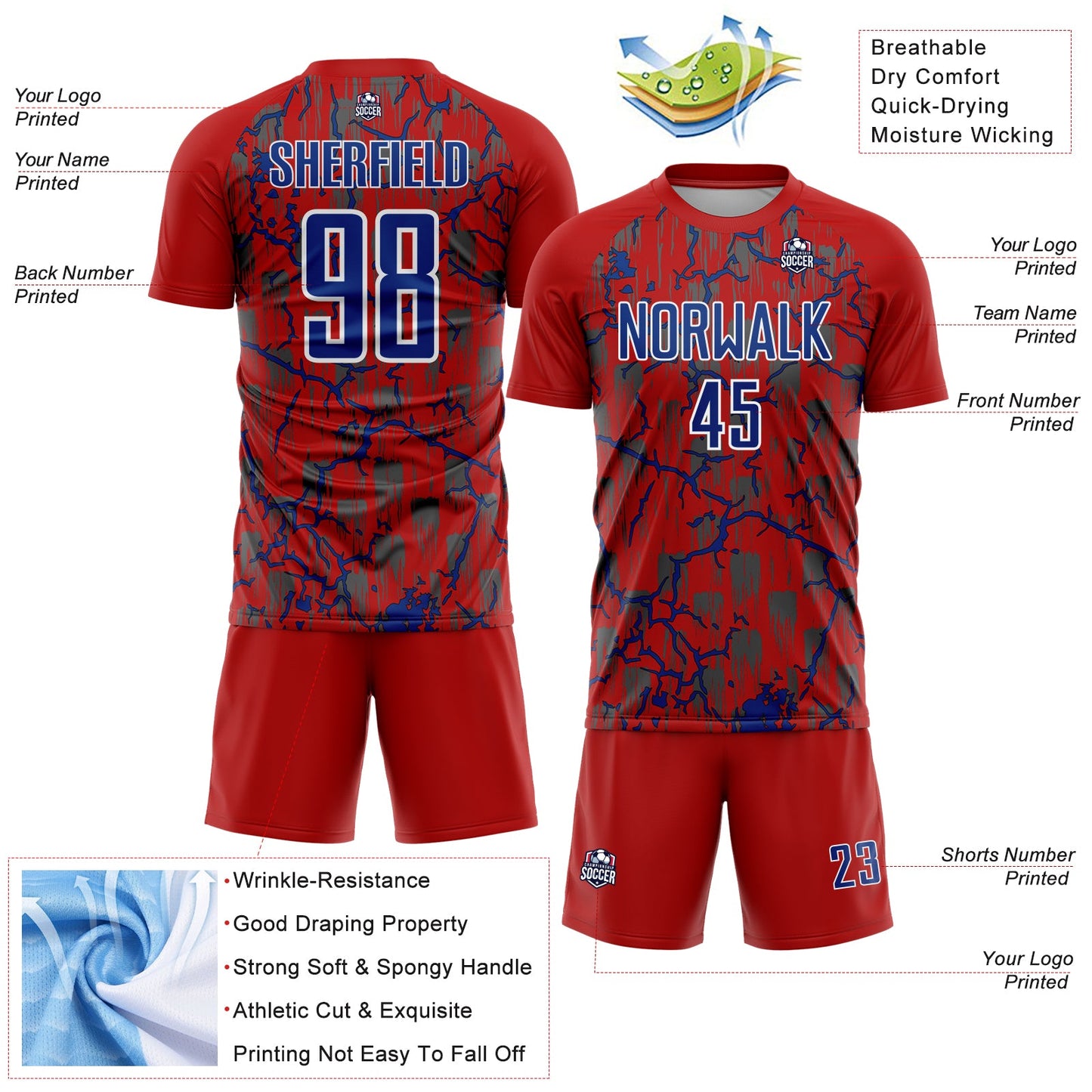Custom Red Royal-White Lightning Sublimation Soccer Uniform Jersey view 4