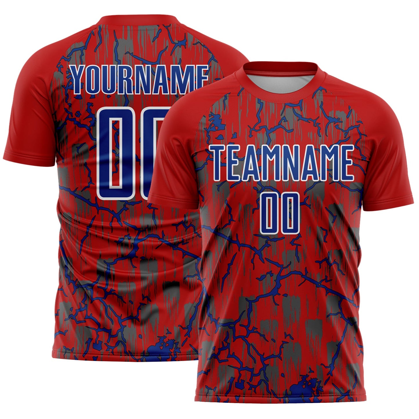Custom Red Royal-White Lightning Sublimation Soccer Uniform Jersey - Main View