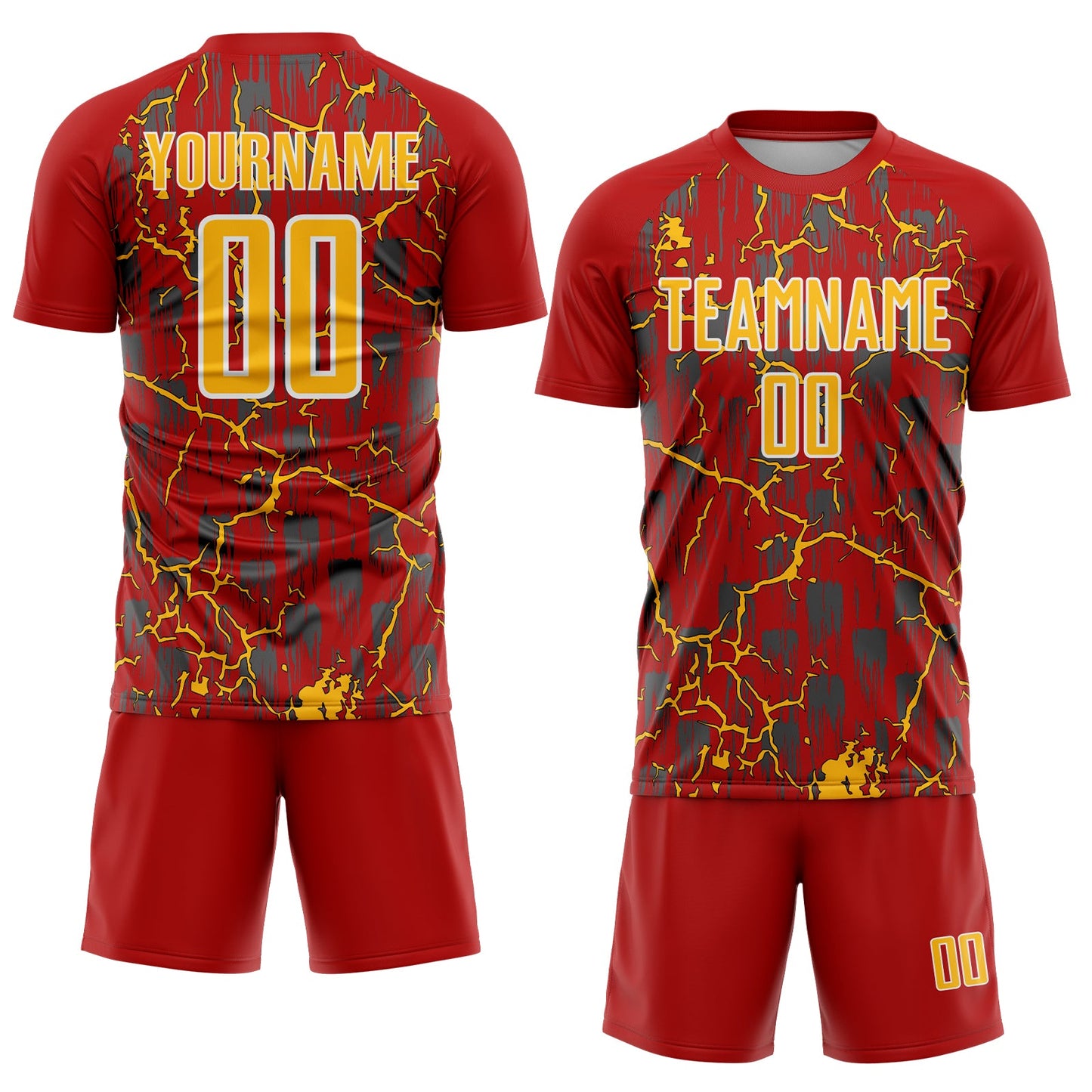 Custom Red Gold-White Lightning Sublimation Soccer Uniform Jersey view 2