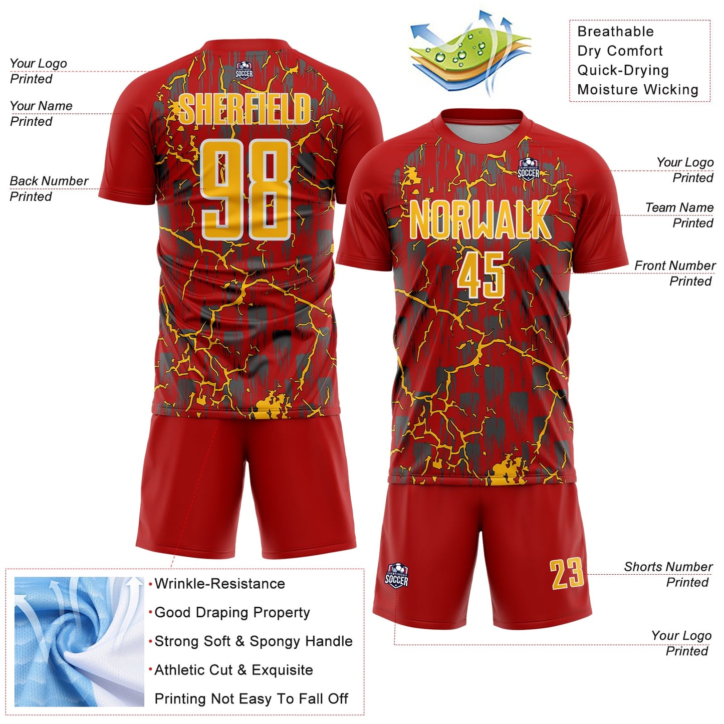 Custom Red Gold-White Lightning Sublimation Soccer Uniform Jersey view 4