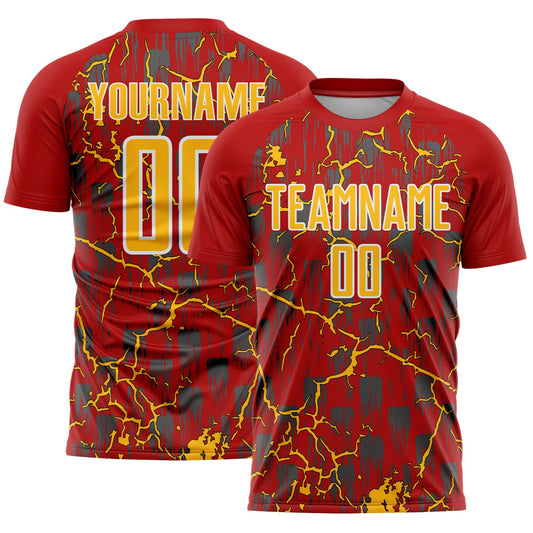 Custom Red Gold-White Lightning Sublimation Soccer Uniform Jersey - Main View