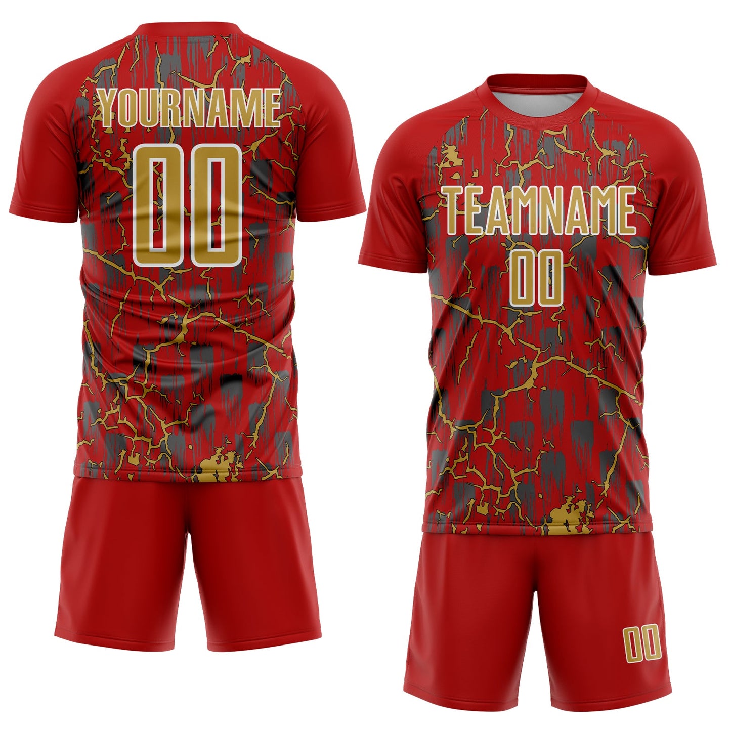 Custom Red Old Gold-White Lightning Sublimation Soccer Uniform Jersey view 2