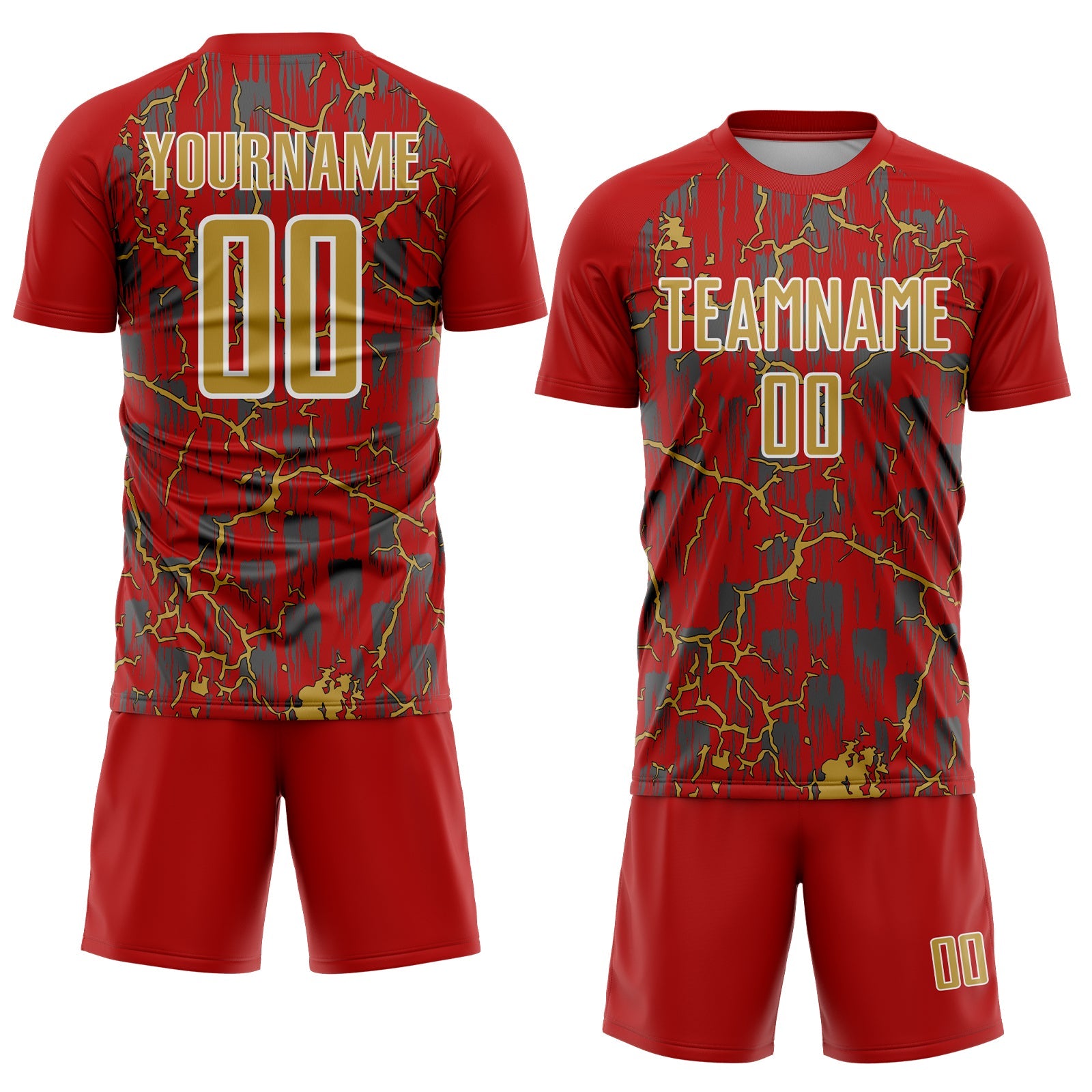 Custom Red Old Gold-White Lightning Sublimation Soccer Uniform Jersey view 2