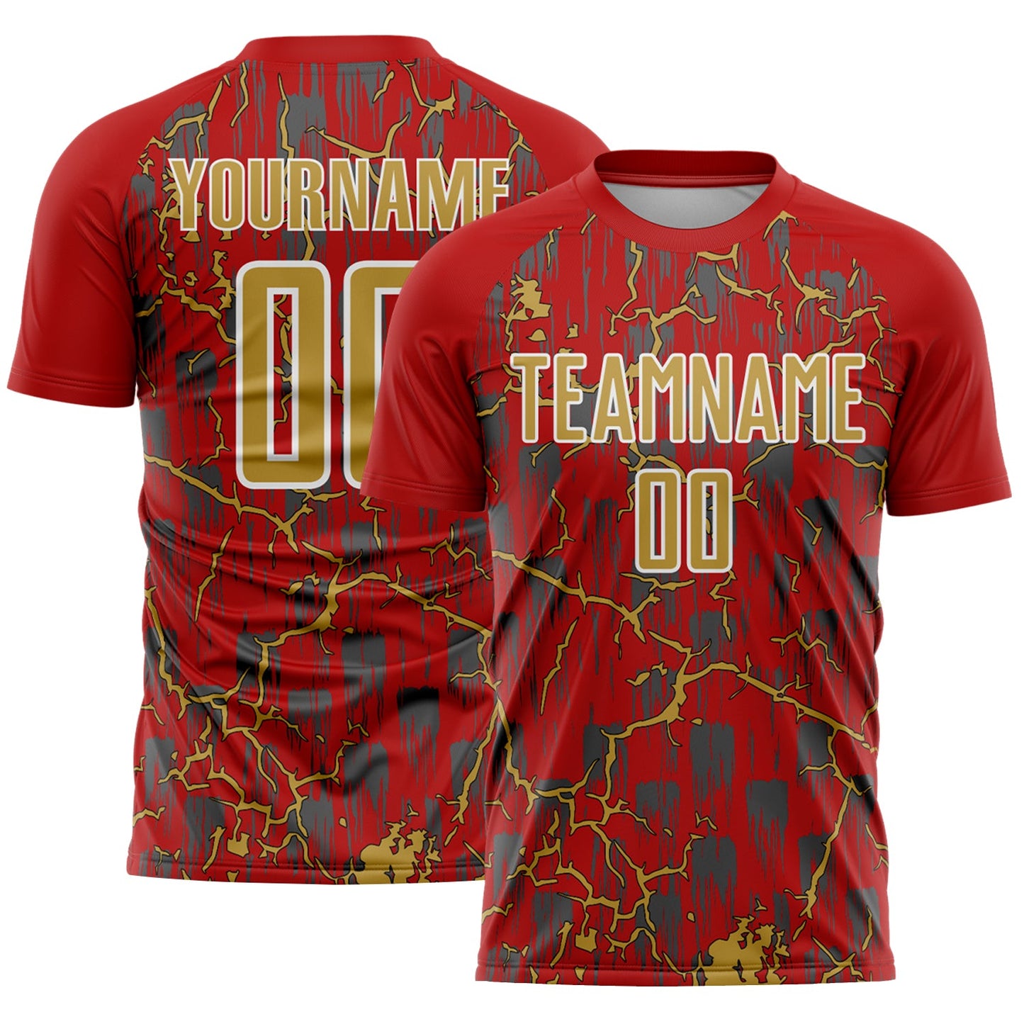 Custom Red Old Gold-White Lightning Sublimation Soccer Uniform Jersey - Main View