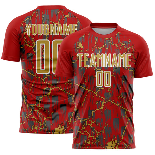 Custom Red Old Gold-White Lightning Sublimation Soccer Uniform Jersey - Main View