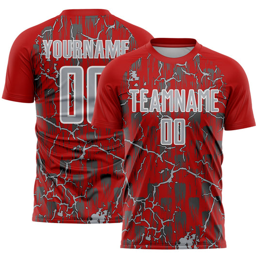 Custom Red Gray-White Lightning Sublimation Soccer Uniform Jersey - Main View