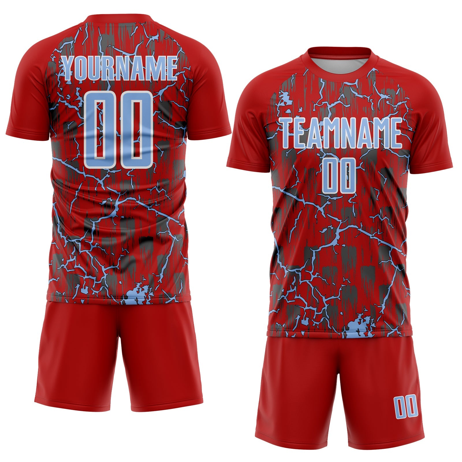 Custom Red Light Blue-White Lightning Sublimation Soccer Uniform Jersey view 2