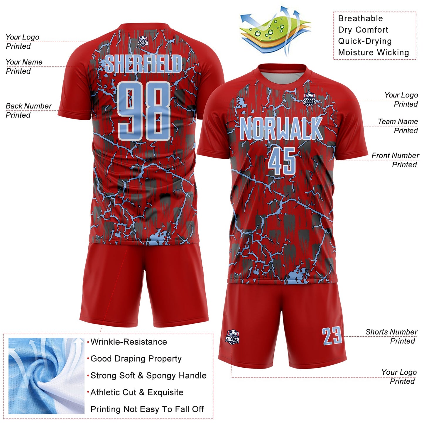 Custom Red Light Blue-White Lightning Sublimation Soccer Uniform Jersey view 4