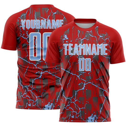 Custom Red Light Blue-White Lightning Sublimation Soccer Uniform Jersey - Main View