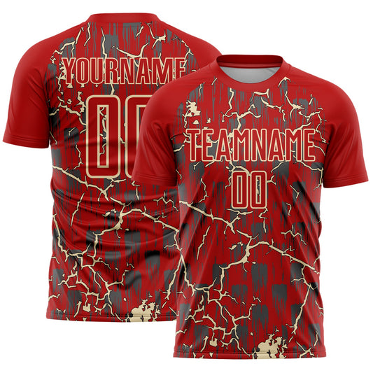 Custom Red Cream Lightning Sublimation Soccer Uniform Jersey - Main View