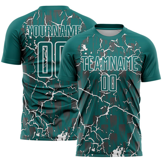 Custom Teal White Lightning Sublimation Soccer Uniform Jersey - Main View