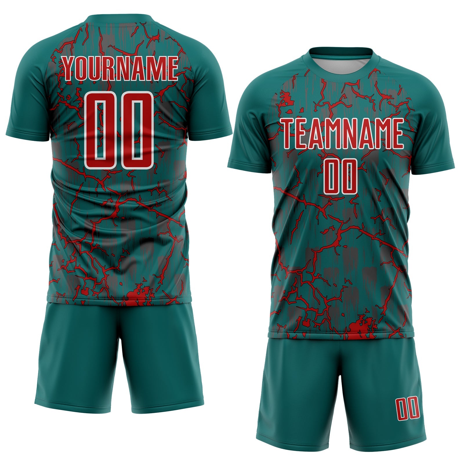 Custom Teal Red-White Lightning Sublimation Soccer Uniform Jersey view 2