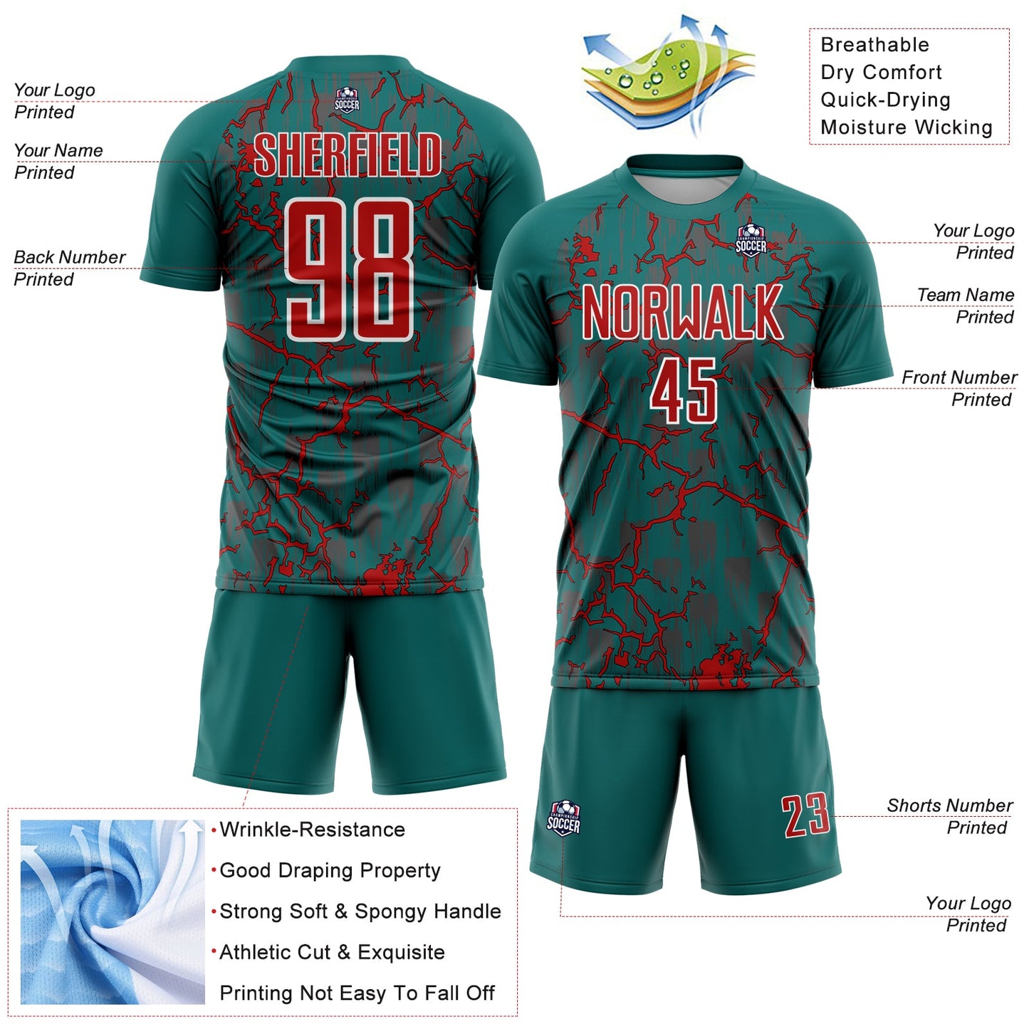 Custom Teal Red-White Lightning Sublimation Soccer Uniform Jersey view 4