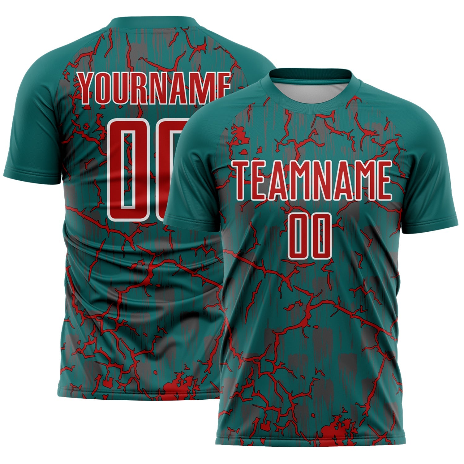 Custom Teal Red-White Lightning Sublimation Soccer Uniform Jersey - Main View