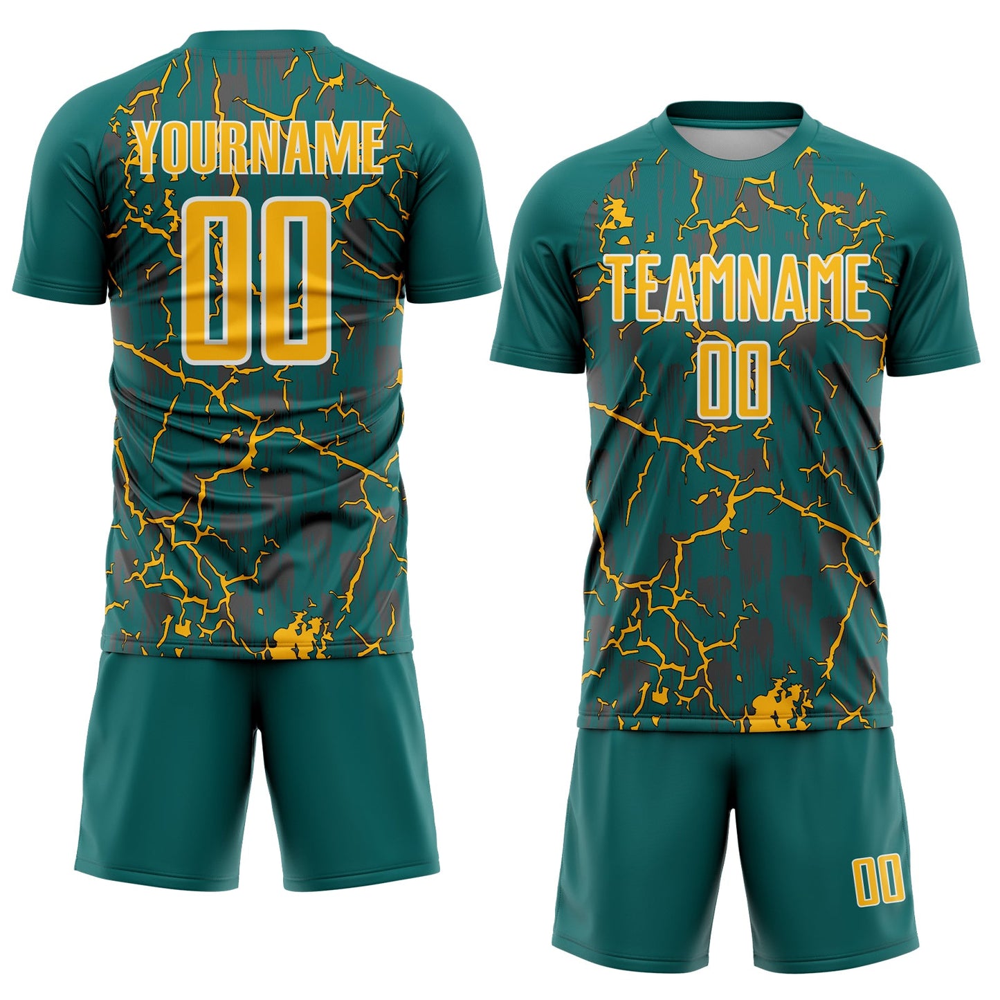 Custom Teal Gold-White Lightning Sublimation Soccer Uniform Jersey view 2