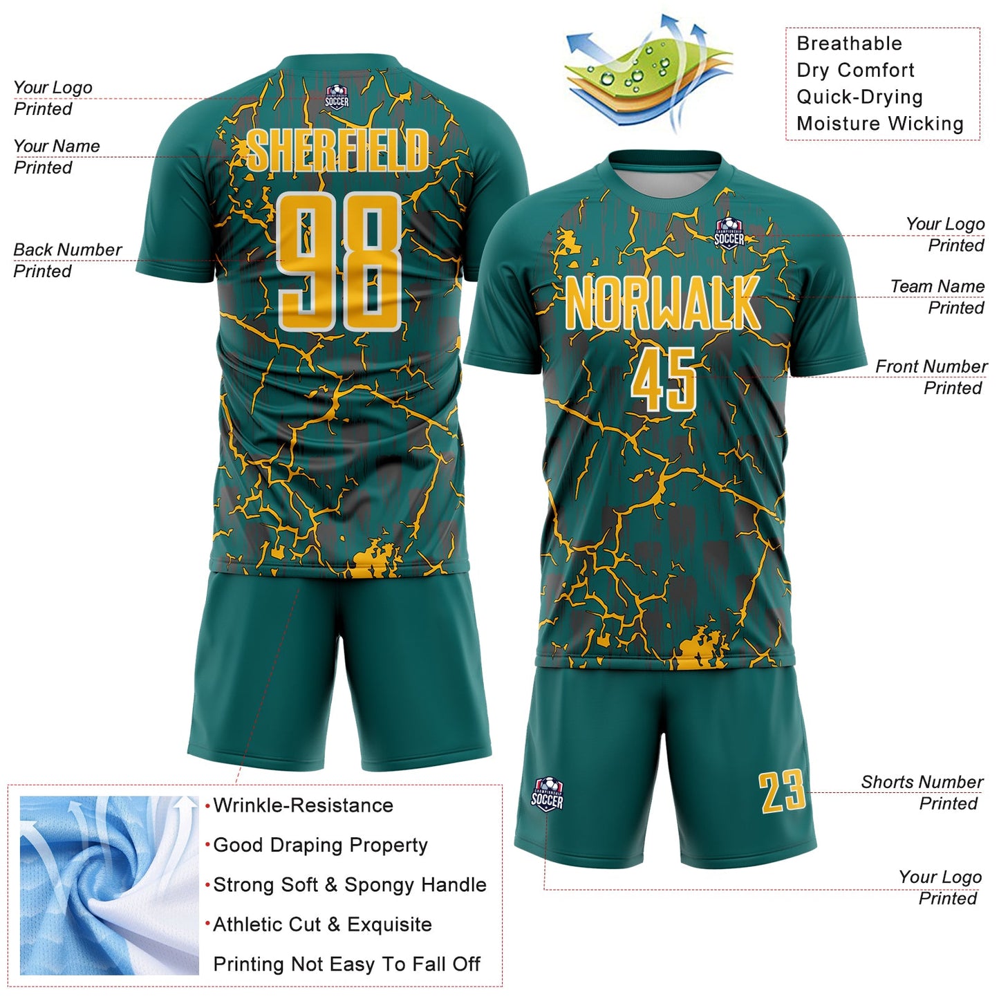 Custom Teal Gold-White Lightning Sublimation Soccer Uniform Jersey view 4