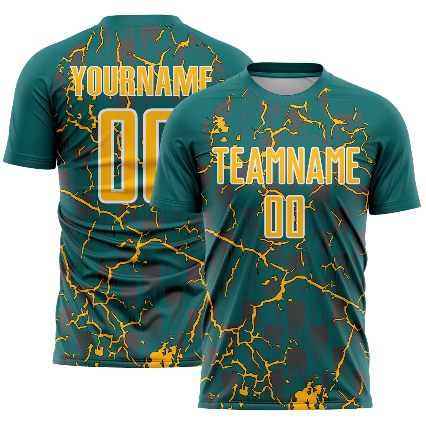 Custom Teal Gold-White Lightning Sublimation Soccer Uniform Jersey - Main View