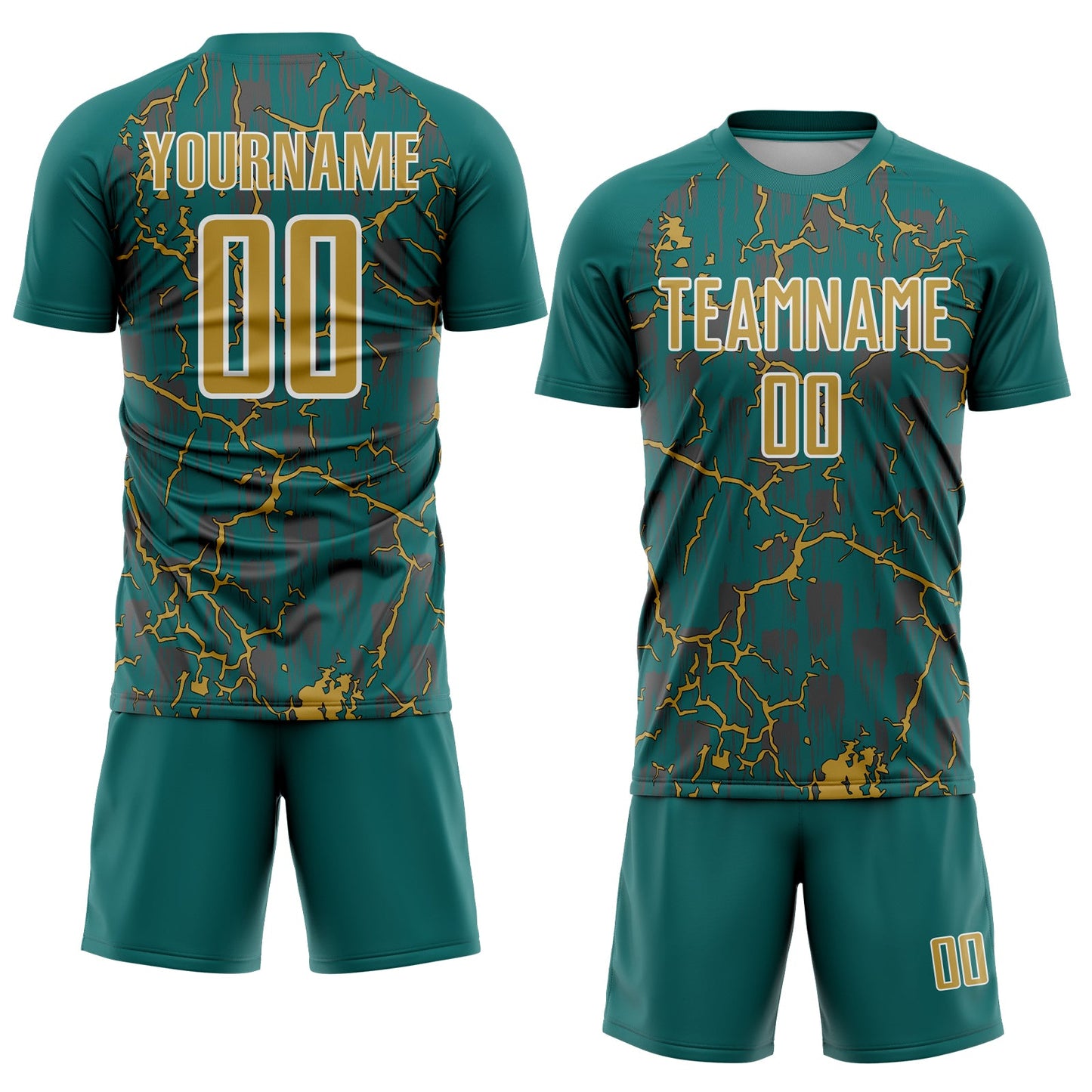 Custom Teal Old Gold-White Lightning Sublimation Soccer Uniform Jersey view 2