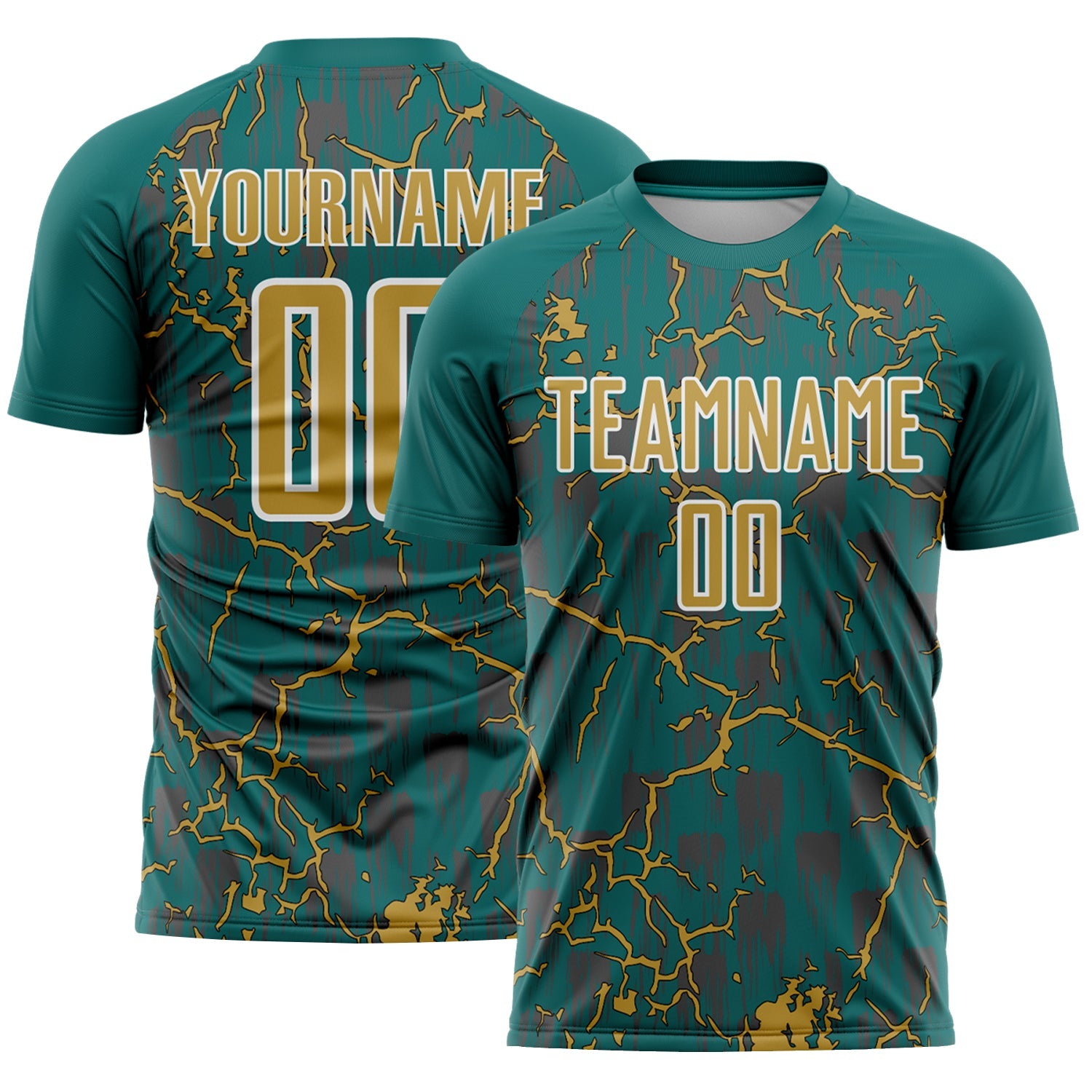 Custom Teal Old Gold-White Lightning Sublimation Soccer Uniform Jersey - Main View