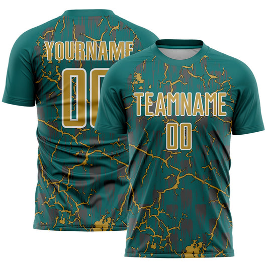 Custom Teal Old Gold-White Lightning Sublimation Soccer Uniform Jersey - Main View