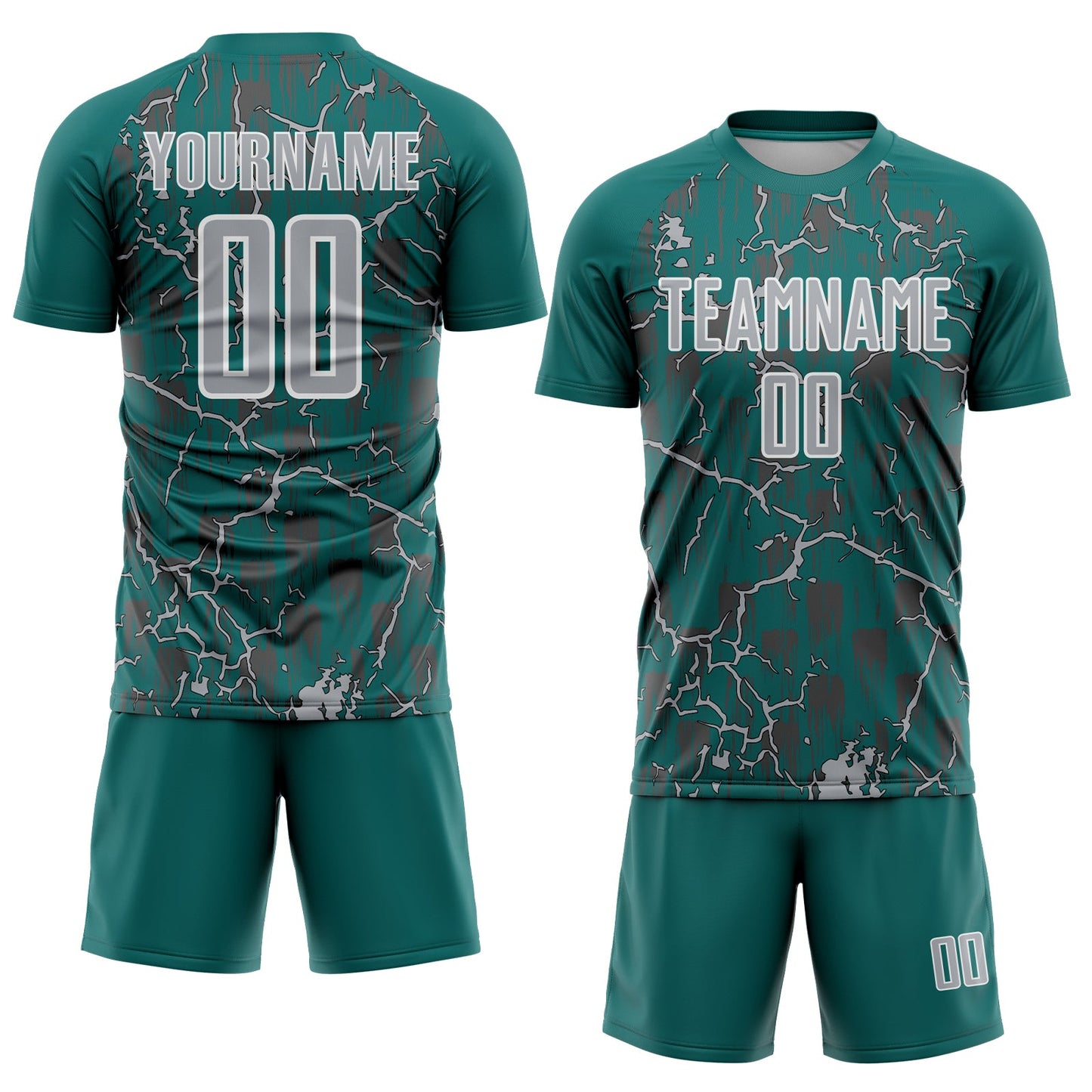 Custom Teal Gray-White Lightning Sublimation Soccer Uniform Jersey view 2