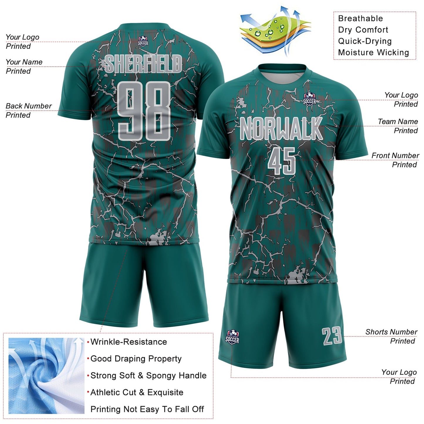 Custom Teal Gray-White Lightning Sublimation Soccer Uniform Jersey view 4