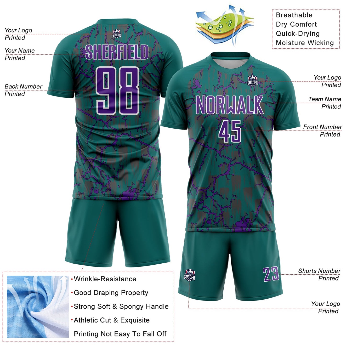 Custom Teal Purple-White Lightning Sublimation Soccer Uniform Jersey view 4