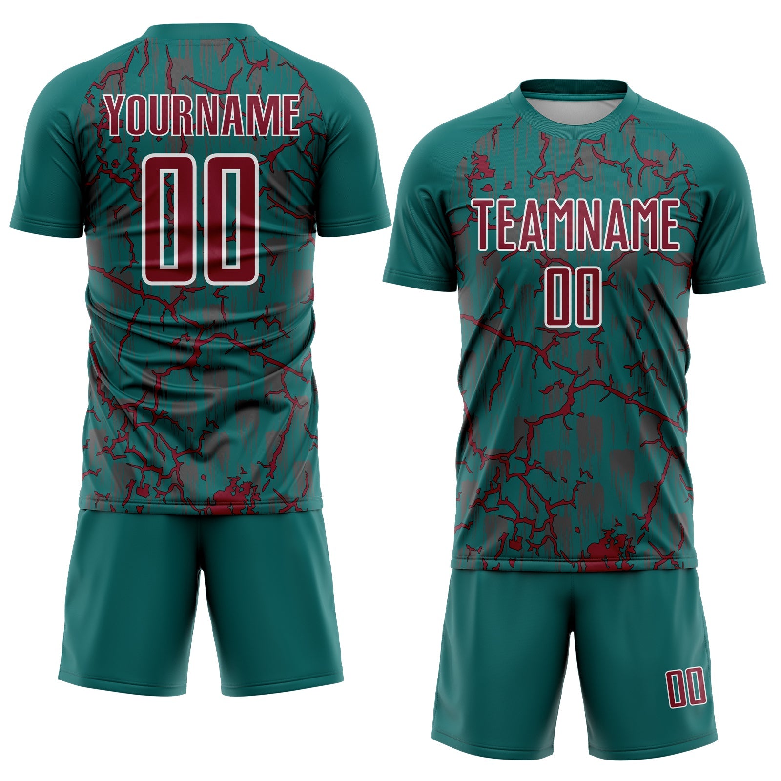 Custom Teal Crimson-White Lightning Sublimation Soccer Uniform Jersey view 2
