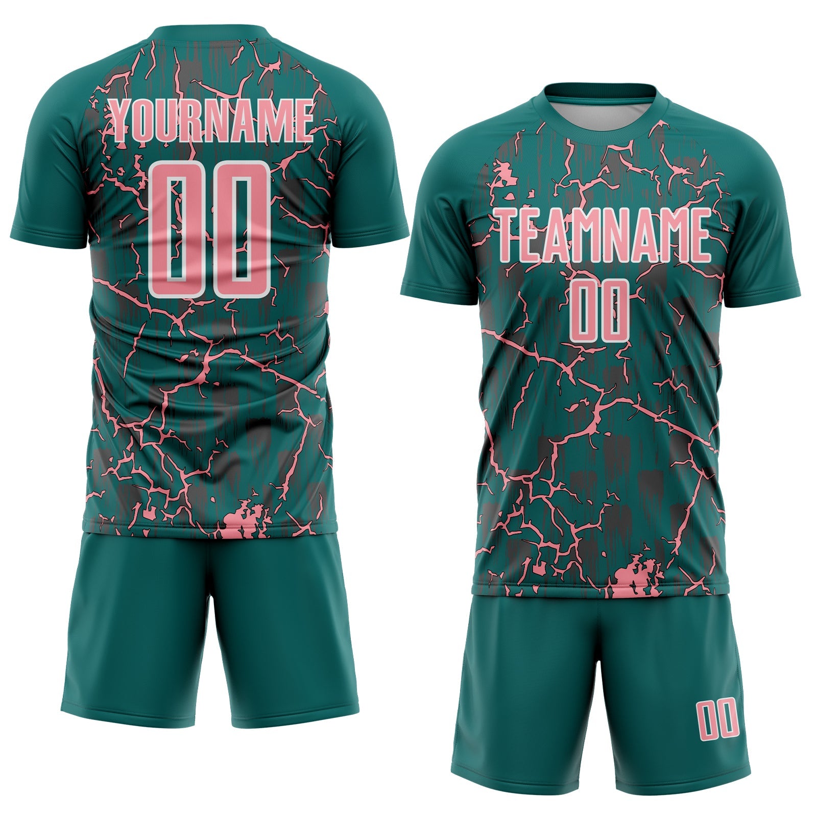 Custom Teal Medium Pink-White Lightning Sublimation Soccer Uniform Jersey view 2