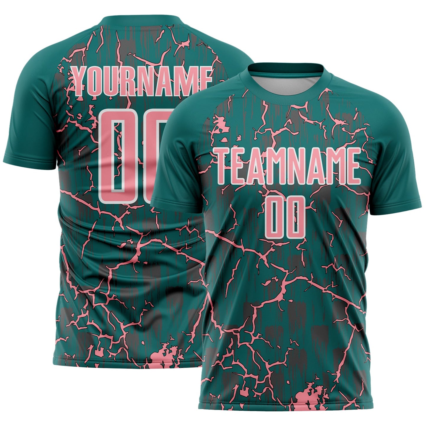 Custom Teal Medium Pink-White Lightning Sublimation Soccer Uniform Jersey - Main View