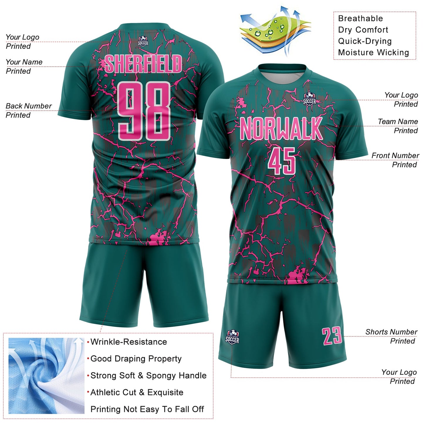 Custom Teal Pink-White Lightning Sublimation Soccer Uniform Jersey view 4