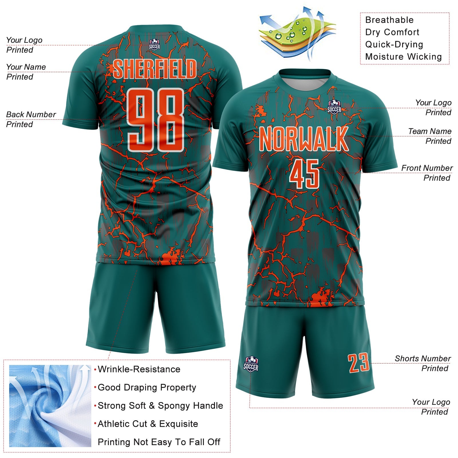 Custom Teal Orange-White Lightning Sublimation Soccer Uniform Jersey view 4