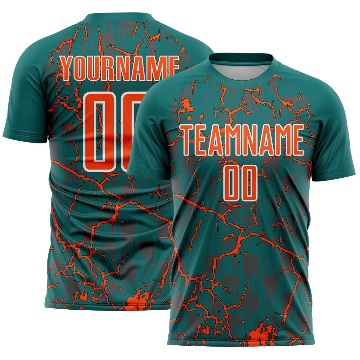 Custom Teal Orange-White Lightning Sublimation Soccer Uniform Jersey - Main View