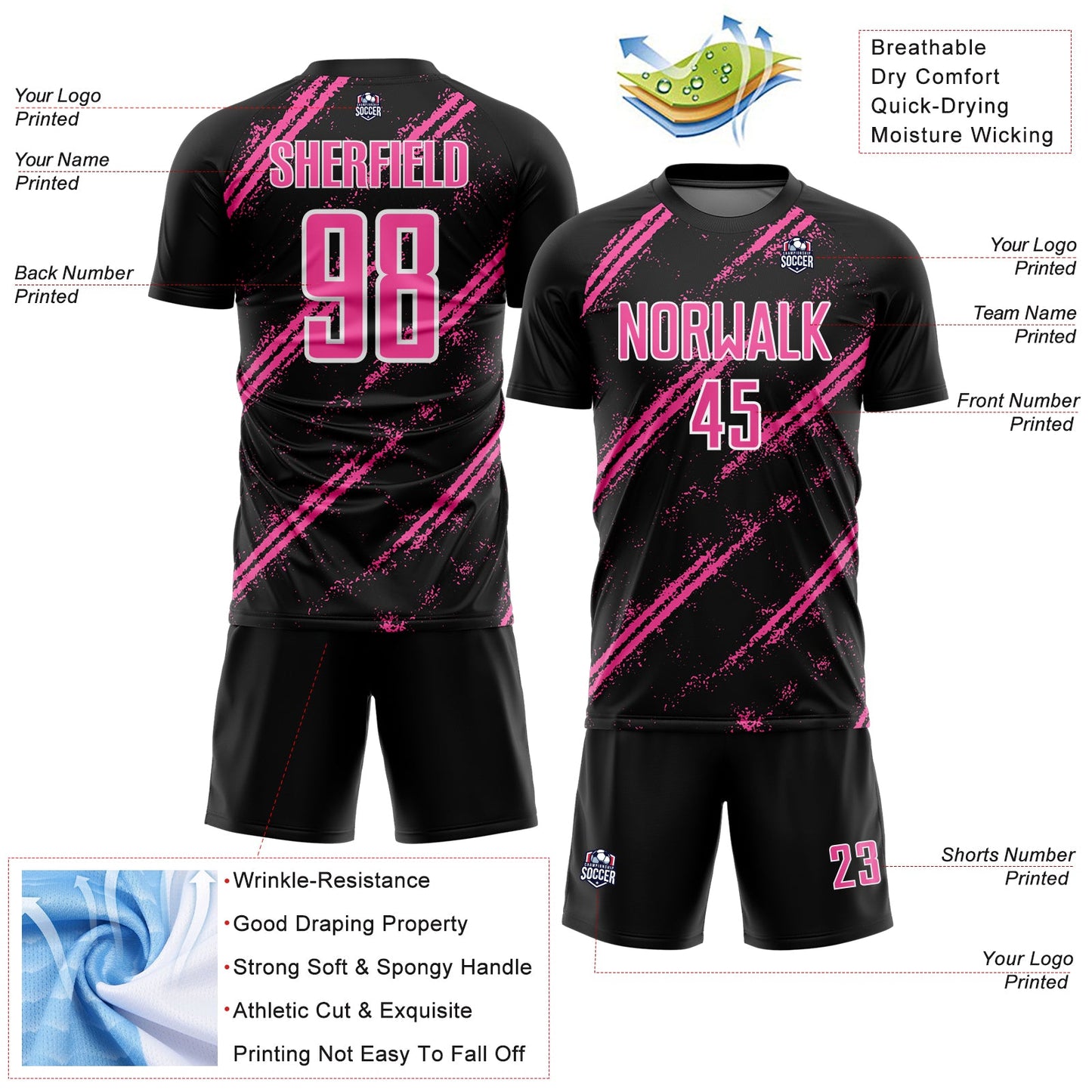 Custom Black Pink-White Abstract Fragment Art Splash Sublimation Soccer Uniform Jersey view 4