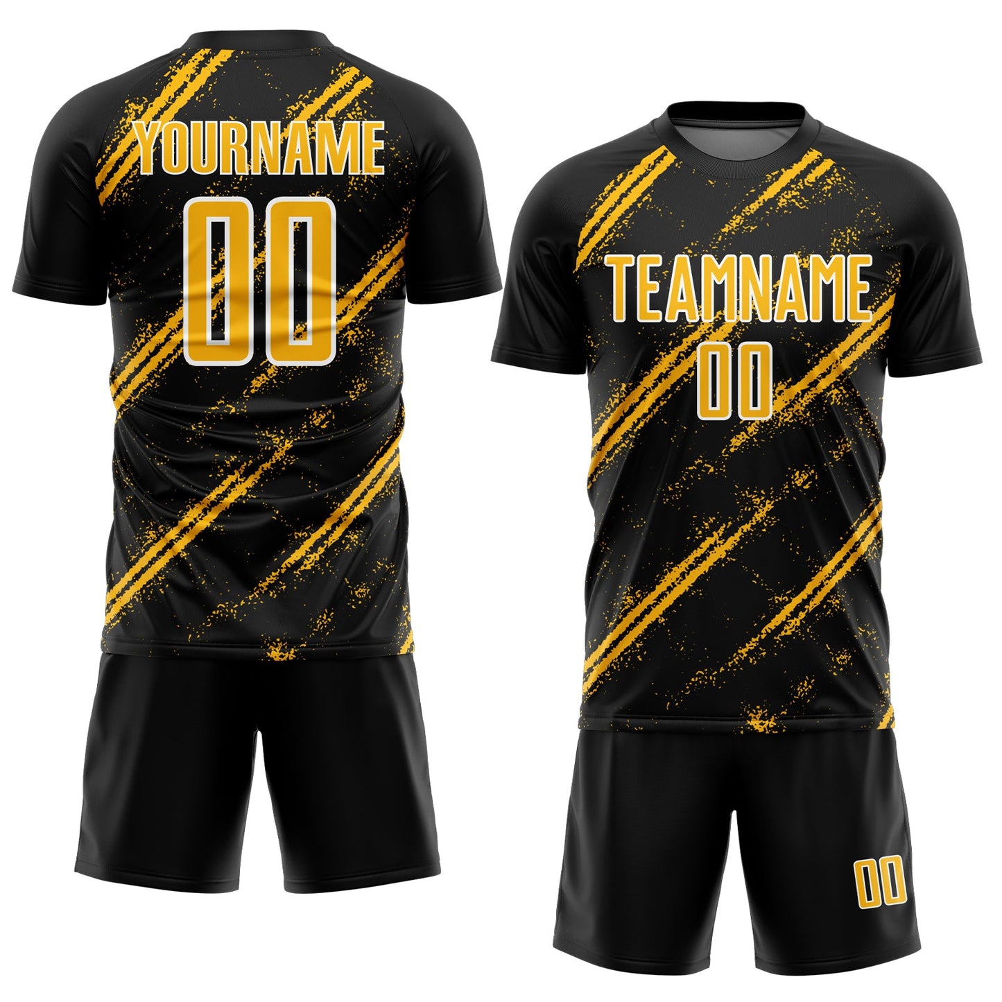 Custom Black Gold-White Abstract Fragment Art Splash Sublimation Soccer Uniform Jersey view 2