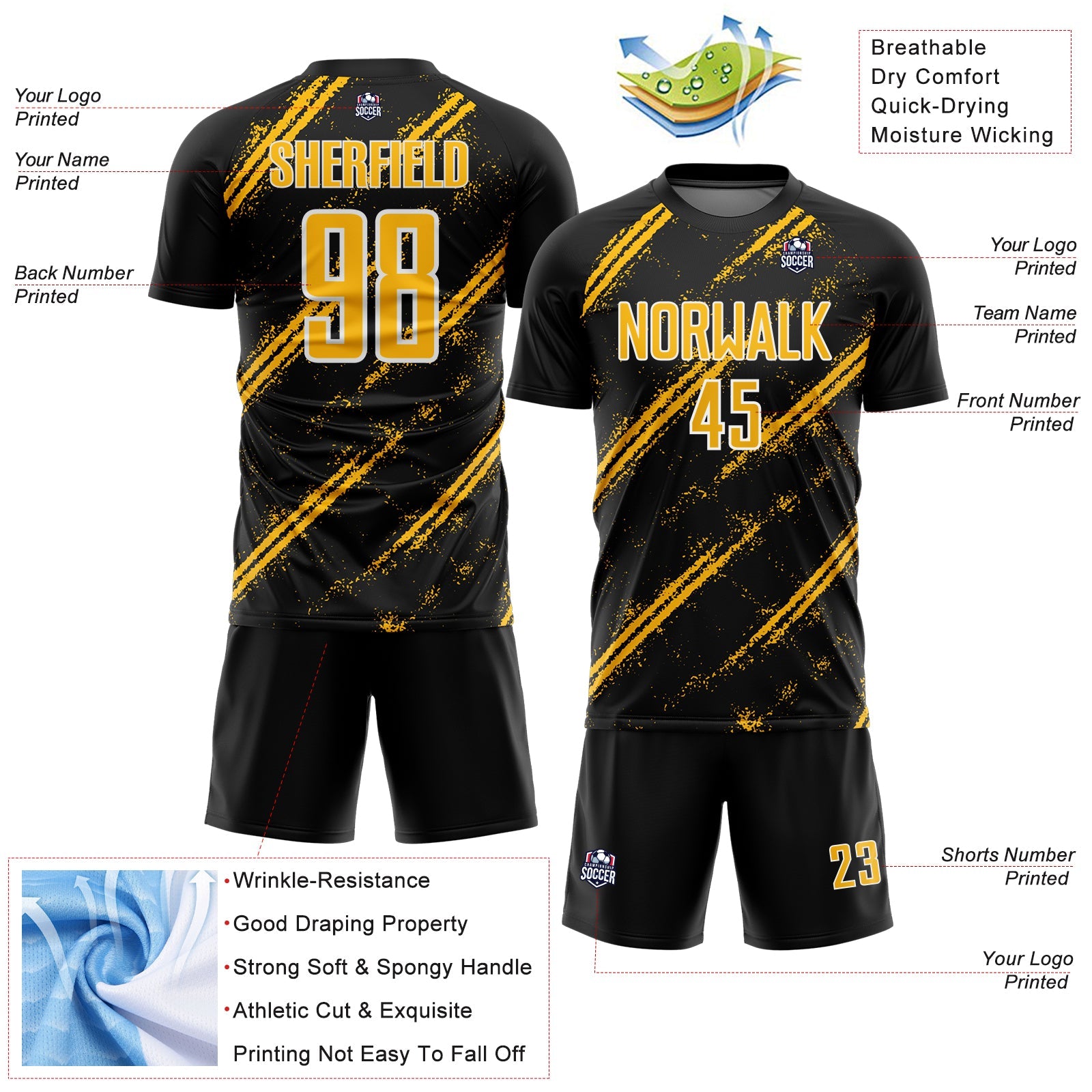 Custom Black Gold-White Abstract Fragment Art Splash Sublimation Soccer Uniform Jersey view 4