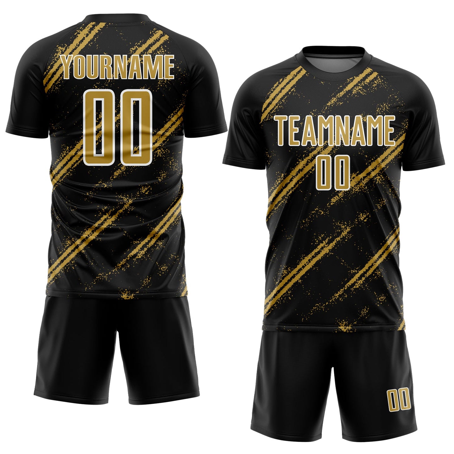 Custom Black Old Gold-White Abstract Fragment Art Splash Sublimation Soccer Uniform Jersey view 2