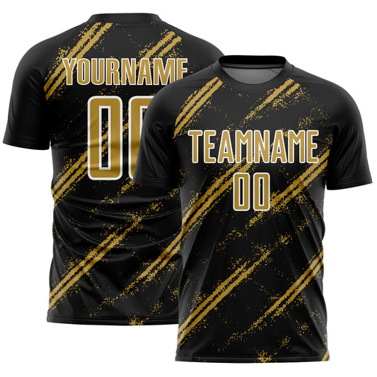 Custom Black Old Gold-White Abstract Fragment Art Splash Sublimation Soccer Uniform Jersey - Main View
