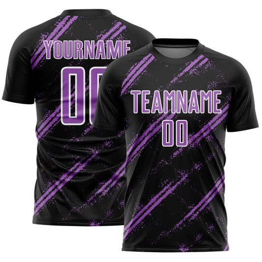 Custom Black Medium Purple-White Abstract Fragment Art Splash Sublimation Soccer Uniform Jersey - Main View