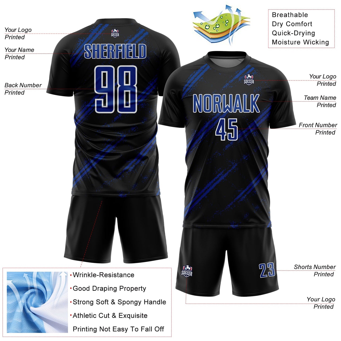 Custom Black Royal-White Abstract Fragment Art Splash Sublimation Soccer Uniform Jersey view 4