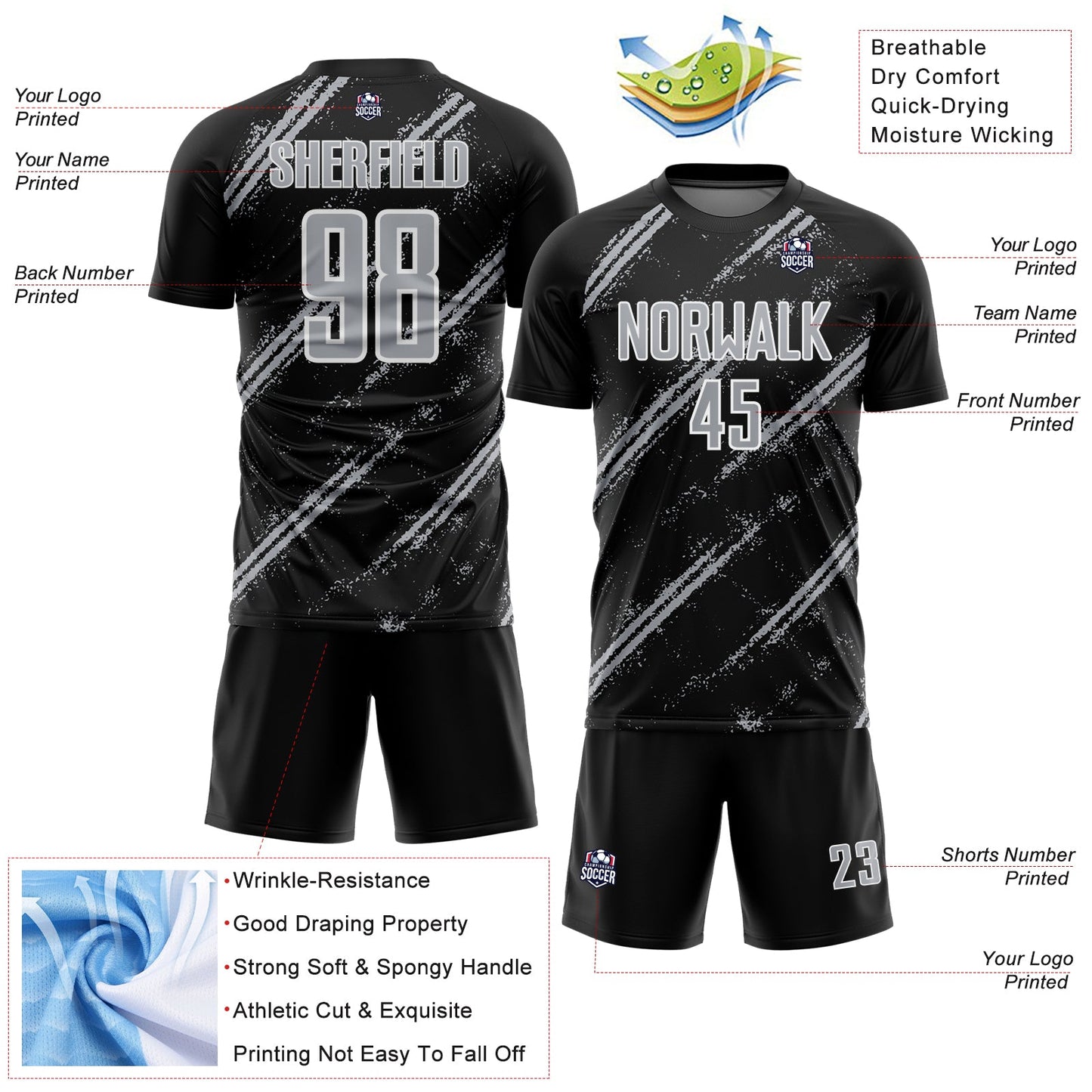 Custom Black Gray-White Abstract Fragment Art Splash Sublimation Soccer Uniform Jersey view 4